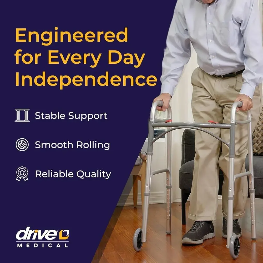 Drive Medical Two-Button Folding Walker Wheels Lightweight Silver New in Box - Picture 2 of 10
